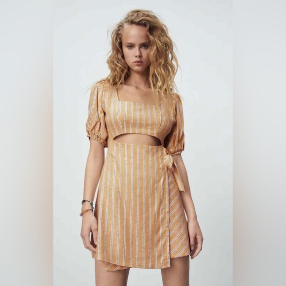 Zara linen mini dress puff sleeves square neckline XS - Picture 2 of 12